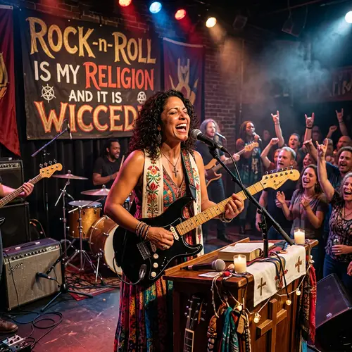 Hispanic Female Preacher Rocks Worship with Electric Guitar