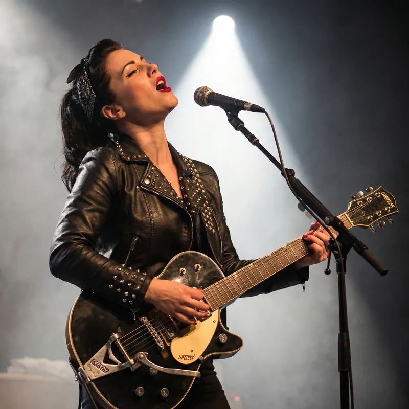 Energetic Rockabilly Woman Playing Guitar & Singing Energetic Rockabilly Woman Playing Guitar & Singing