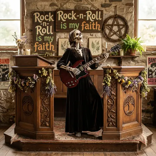 Rock -n- Roll Skeleton Preacher with Fender Stratocaster Guitar