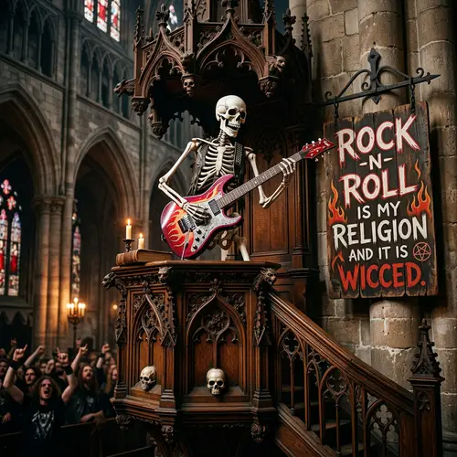 Gothic Pulpit with Skeleton Preacher and Electric Guitar