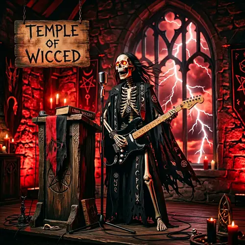 Temple of Wicced: Skeleton Preacher with Black Fender Stratocaster Guitar