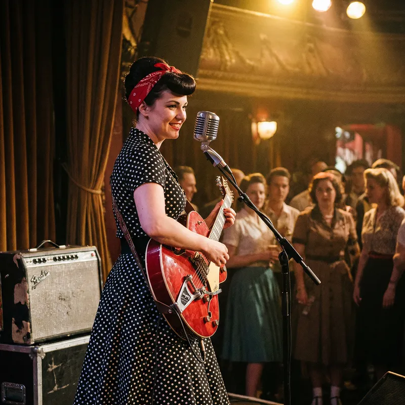Vintage 1950s Rockabilly Girl with Guitar & Retro Music Set