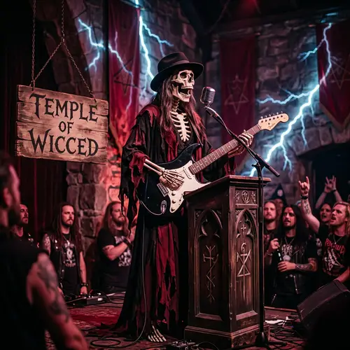 Female Skeleton Preacher Playing Fender Guitar at Temple of Wicced