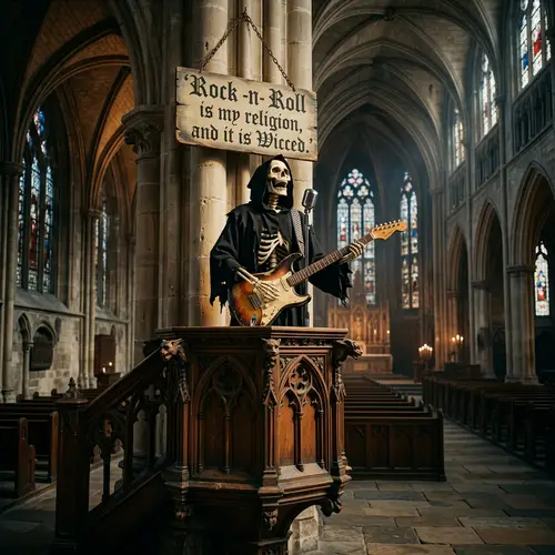 Skeleton Preacher with Fender Guitar | Rock -n- Roll is my Religion