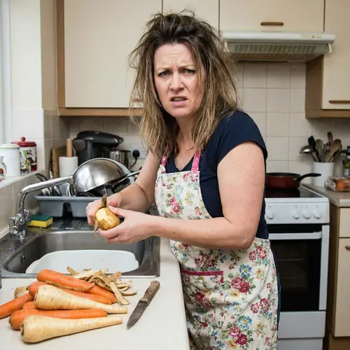 Angry Mother Peeling Vegetables - Cooking Frustration Resolved