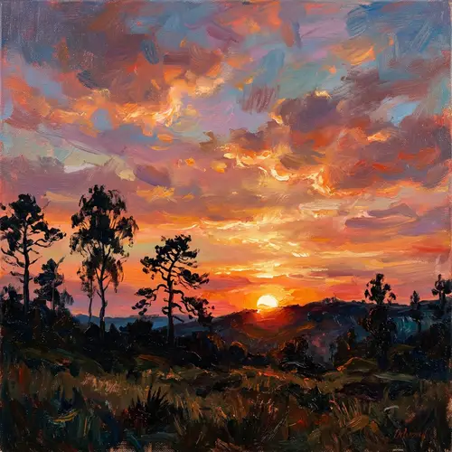 Impressionist Sunset Painting | Vibrant Sky & Silhouettes