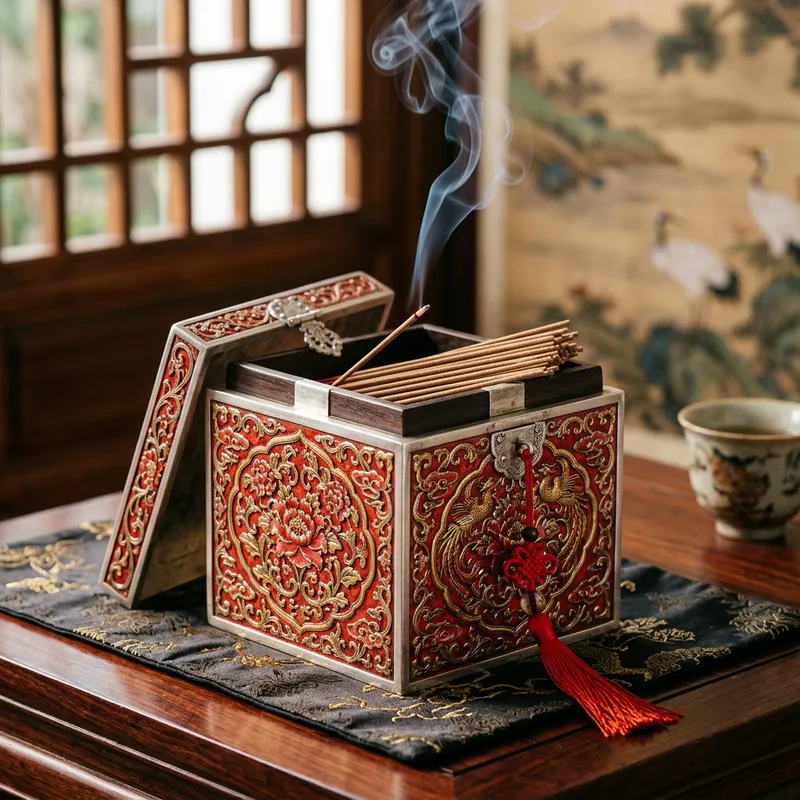 Intricate Chinese Incense Box with Floral Silver Red Design