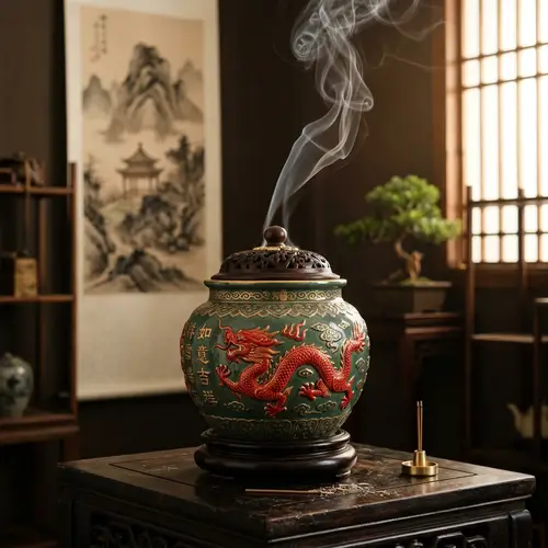 Chinese Incense Jar with Red Dragon: Symbol of Luck & Power