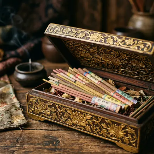 Antique Wooden Box with Golden Floral Patterns and Chinese Incense Sticks