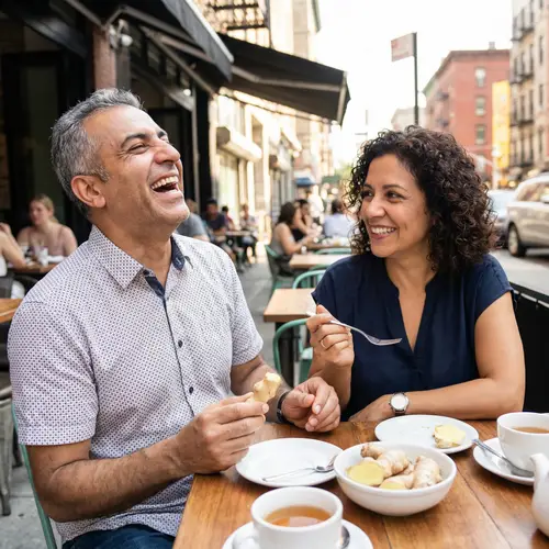 Middle-Eastern Man Dining on Ginger with Hispanic Wife
