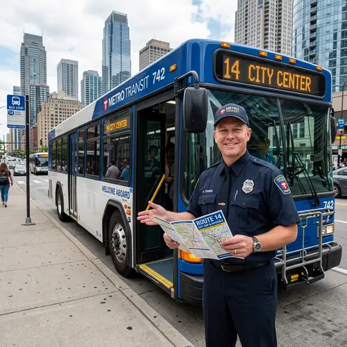 Professional Bus Driver Welcoming Passengers | Cityscape View