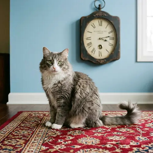 Gray and White Domestic Cat Sitting on Red Rug