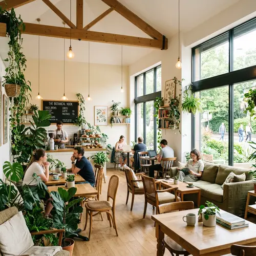 Cozy Light Airy Cafe with Green Plants