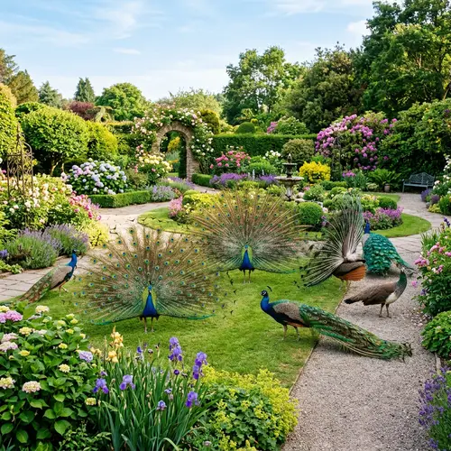 Stunning Peacocks Displaying Multifaceted Colors in Lush Garden