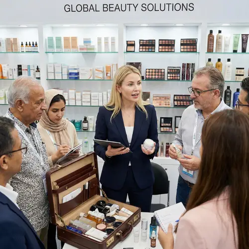Expert Blonde Saleswoman Interacting with Wholesale Beauty Product Customers