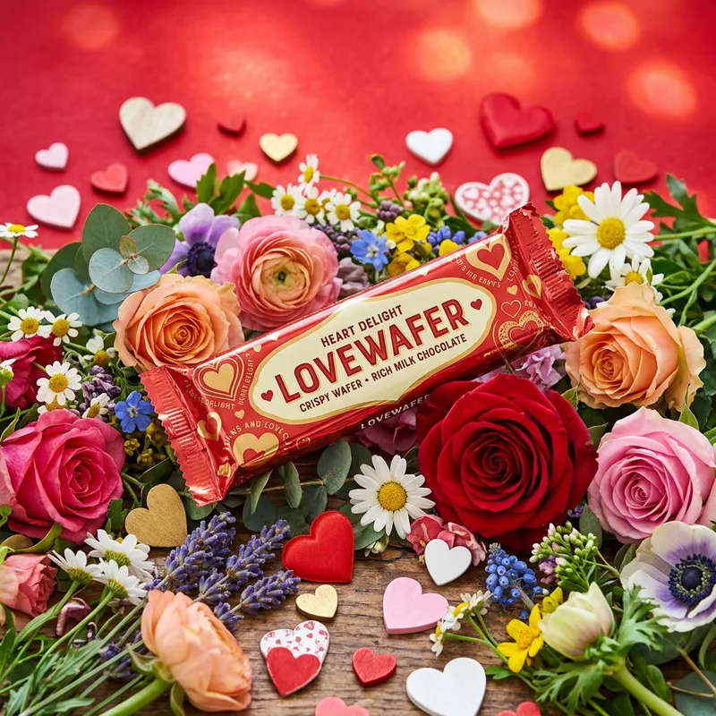 Colorful Flowers and Hearts Surrounding a Wrapped Wafer Chocolate