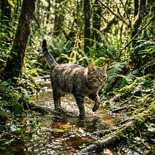 Cat Navigating Through Watery Forest