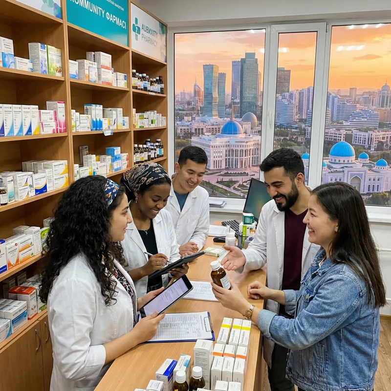 Young Hobbyist Pharmacists Examining Pharmaceutical Supplies in Kazakhstan Pharmacy