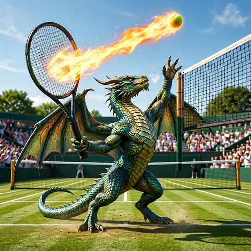 Majestic Dragon Playing Tennis: Fiery Serve on Grass Court