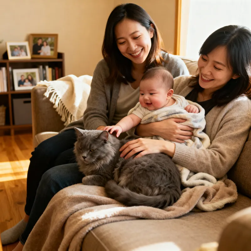 Loving Family of Two Mums, Baby, and Cat
