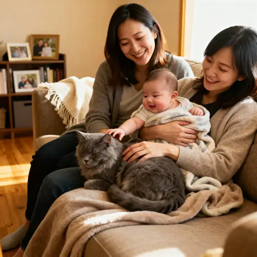 Loving Family of Two Mums, Baby, and Cat