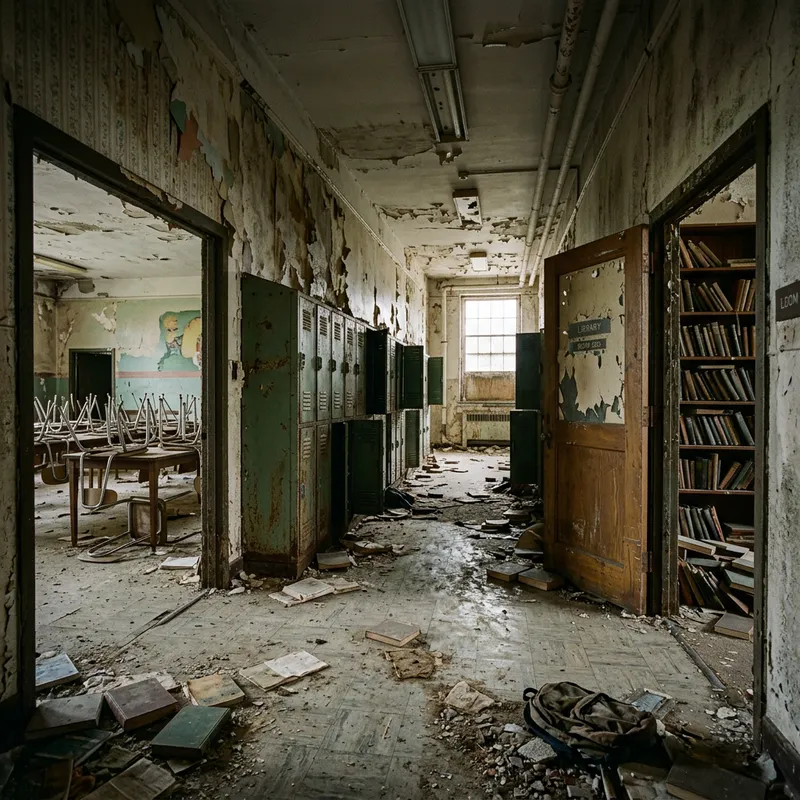 Abandoned School Hallway with Old Lockers, Books, Cafeteria, and Library