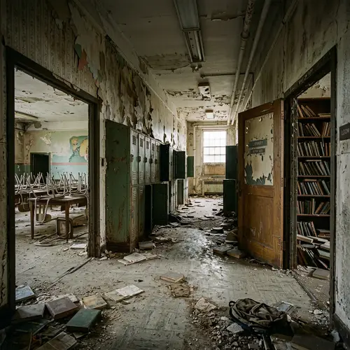 Abandoned School Hallway with Old Lockers and Scattered Books