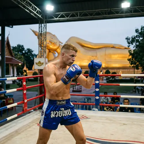 Blonde Muscular Kickboxer in Traditional Fighting Ring