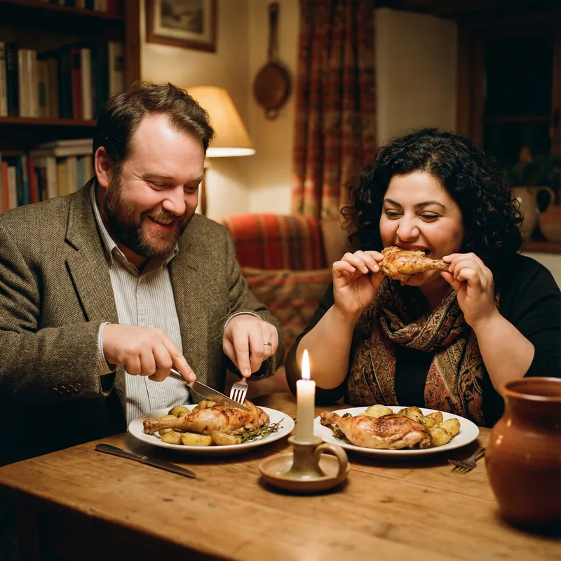 Cozy Joy: Overweight Couple savoring Roasted Chicken Meal