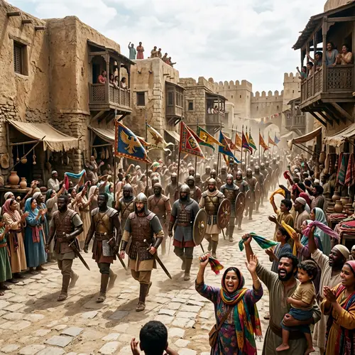 Multiracial Army Marching Through Ancient City | Historic Scene