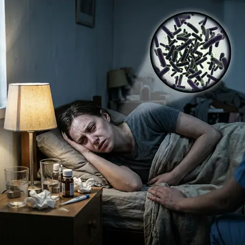 Gloomy Scene of Person Overwhelmed by Menacing Bacteria