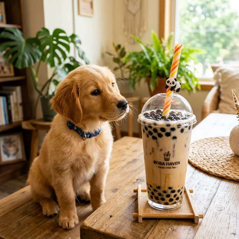 Refreshing Bubble Tea with Adorable Dog | Cozy Room Scene
