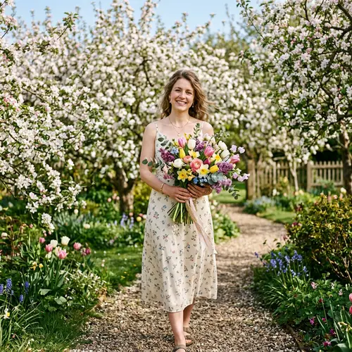 Caucasian Woman Holding Spring Flowers in Blooming Garden