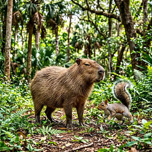 Capybara and Squirrel Playful Interaction | Wildlife Scene