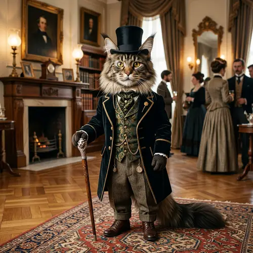 Elegant Maine Coon Cat in Vintage Top Hat and Monocle