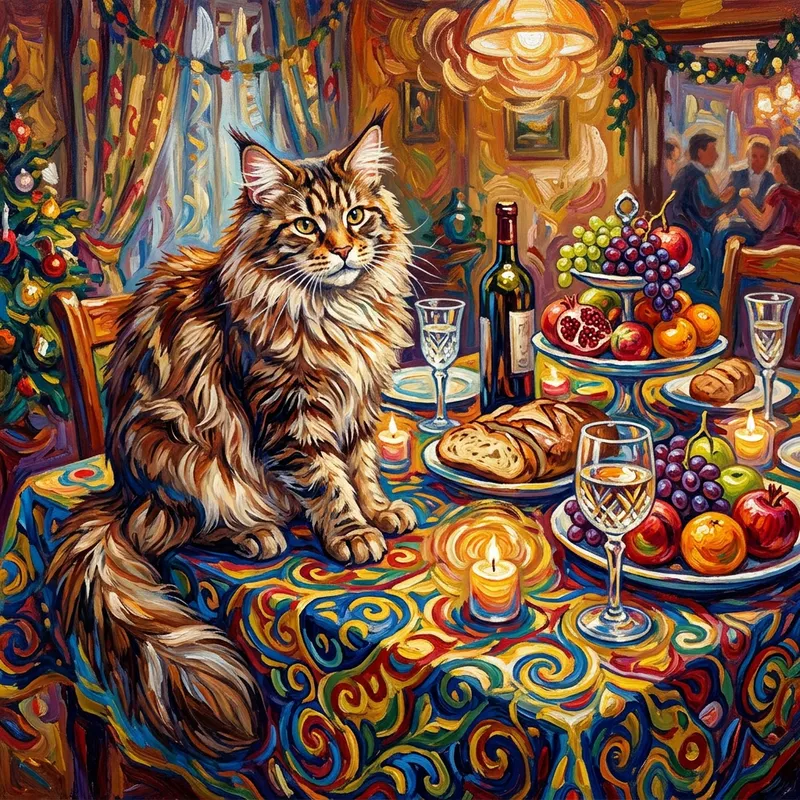 Playful MaineCoon Cat on Artistic Festive Table | Vibrant Scene