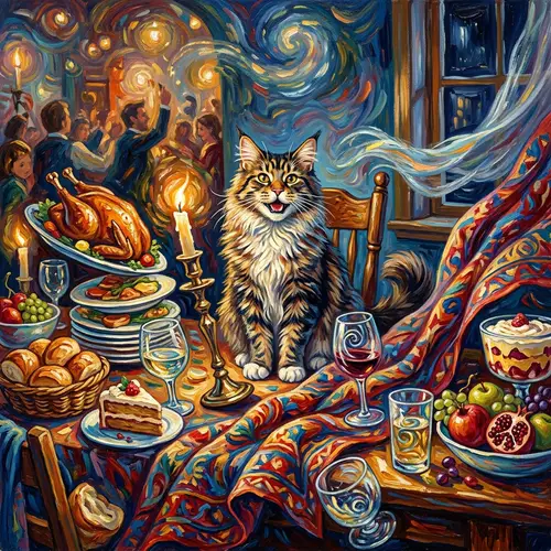 Festive Maine Coon Cat Painting on Table with Sumptuous Food