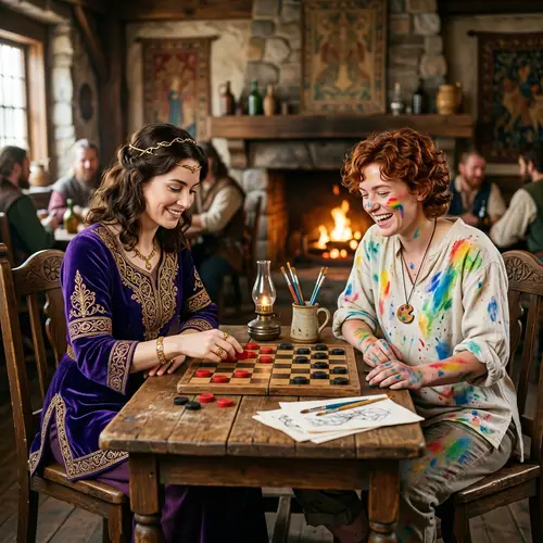 Fantasy Characters in Royal Purple and Rainbow Splatters Gaming Together