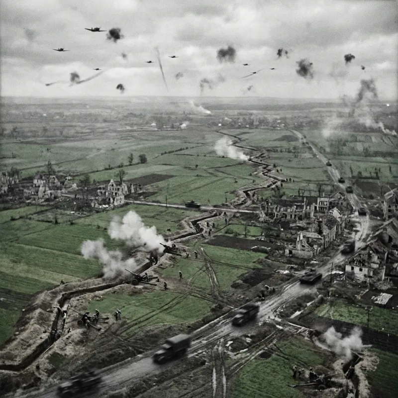WW2 Battlefield Aerial View: Historical Combat Scene with Soldiers & Vehicles
