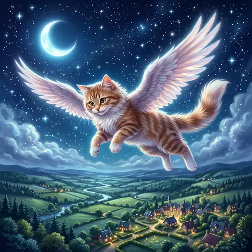 Whimsical Cat with Wings Soaring in Fantasy Sky