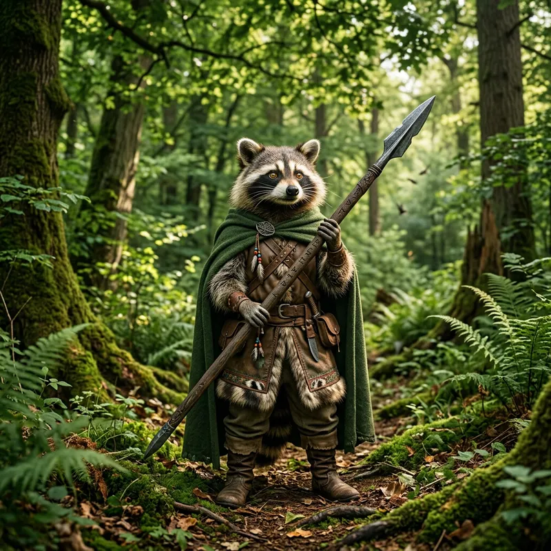 Raccoon Warrior in Medieval Attire Amid Lush Forest | Enchanting Solitude