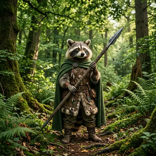 Medieval Raccoon Warrior in Verdant Forest | Enchanting Solitude