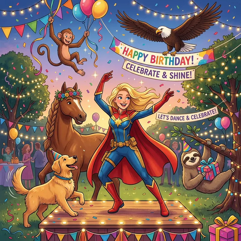 Happy Birthday Card with Dancing Blonde Superhero and Animals