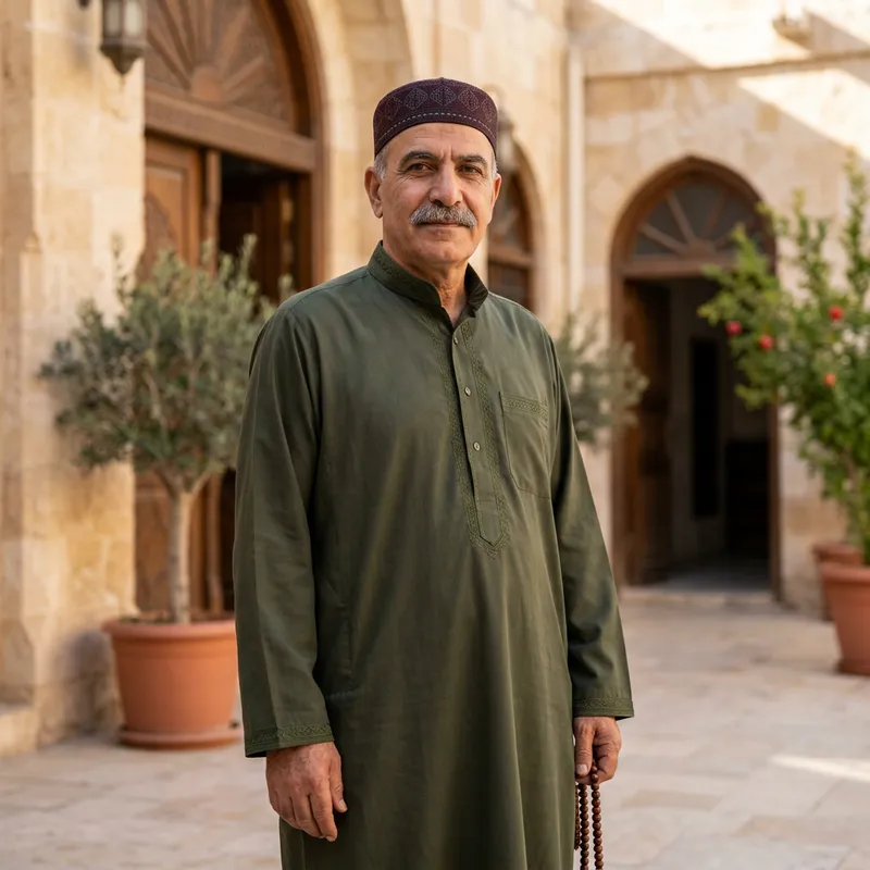 Middle-Eastern Man in Traditional Round Cap and Muslim Shirt Middle-Eastern Man in Traditional Round Cap and Muslim Shirt