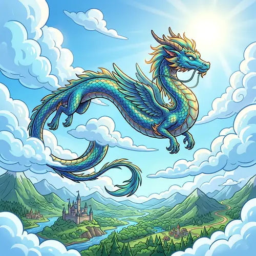 Playful Juvenile Dragon Soaring in Vibrant Blue Sky