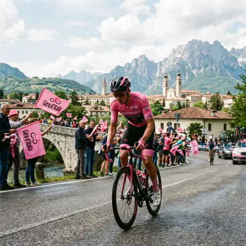 Maglia Rosa Cyclist Races through Belluno Landscape - Giro d'Italia 2024