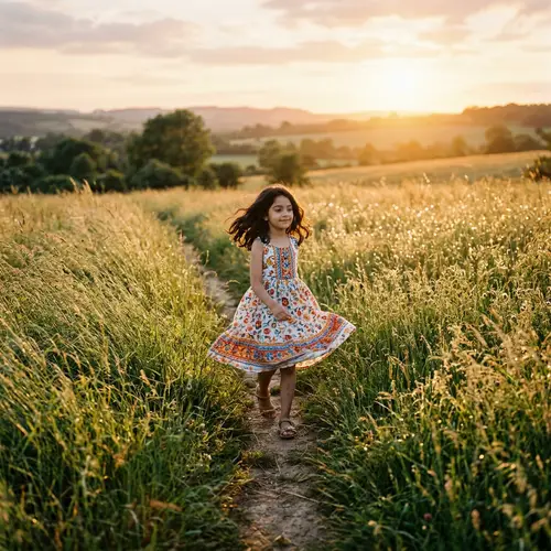 Young Girl Walking Through Lush Field - Serene Middle-Eastern Scene