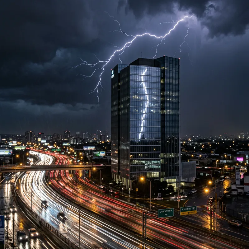 Stunning Night Scene: Building and Highway Lightning