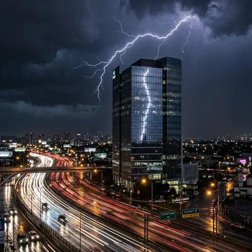 Stunning Night Scene: Building and Highway Lightning