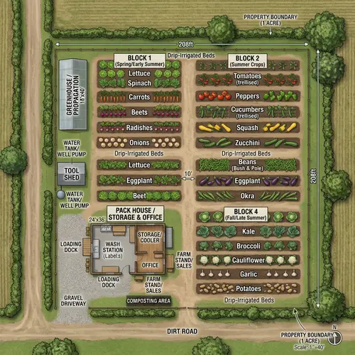 1 Acre Vegetable Farm Design with Pack House Layout